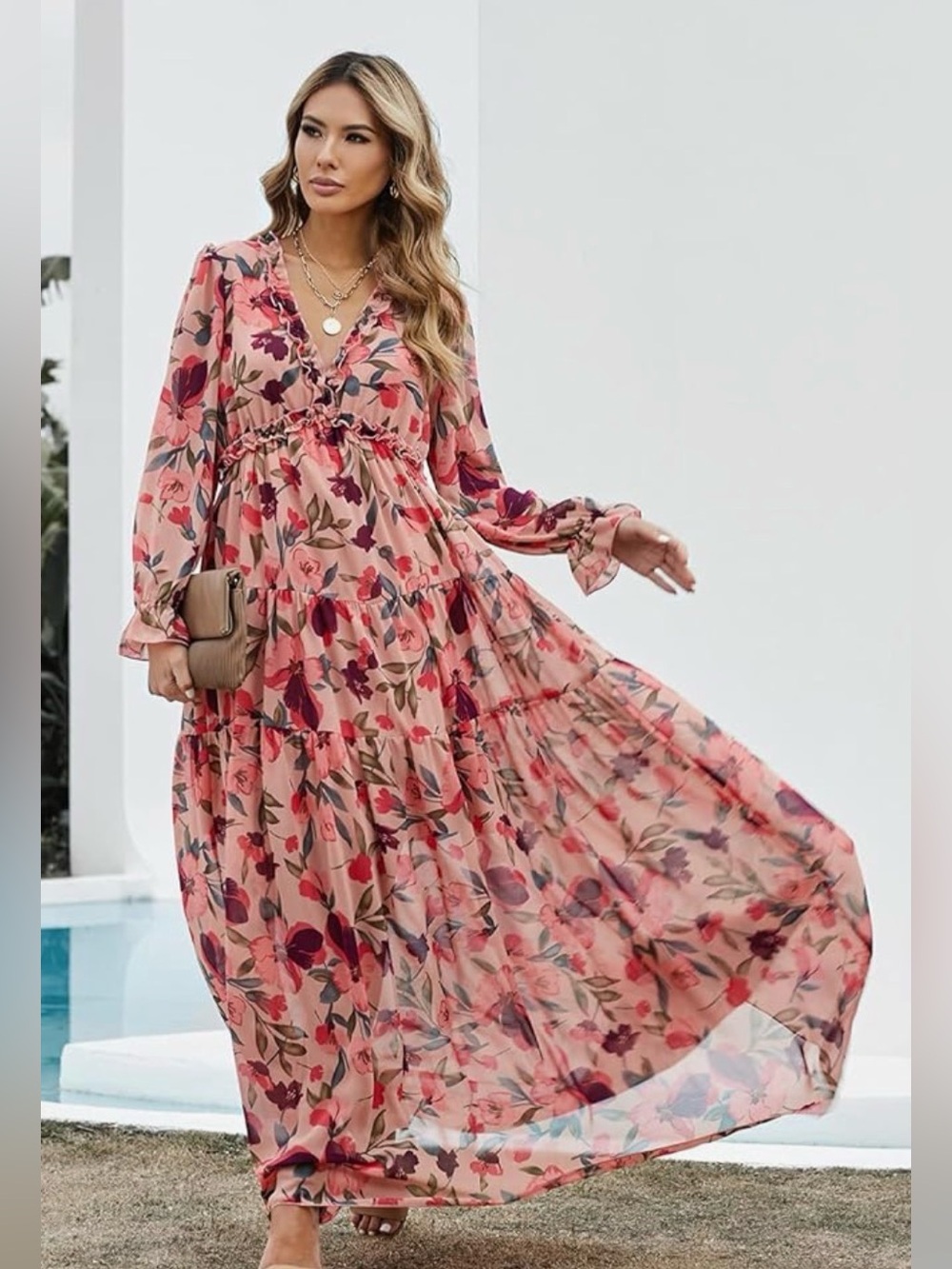 Pink Floral Ruffle V-Neck Blouse